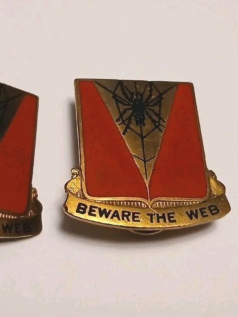 Vintage “Beware the Web” Spider Enamel Lapel Pins – Gold Tone – Lot of 2